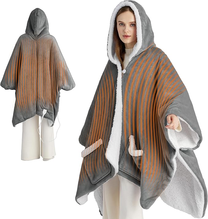 Bedsure Heated Blanket Wearable Shawl - Electric Wrap Poncho Blanket Hoodie for Adult, Birthday Gifts for Mom Women, Sherpa Heating Throw with 4 Time Settings & 6 Heat Settings, 55x64 inches, Grey