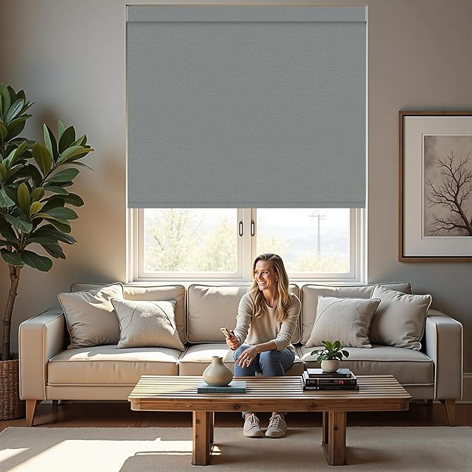 Motorized Roller Blinds with Remote, 100% Blackout Automatic Roller Shades for Bedroom, Bathroom, and Living Room, Customized Size, Moonlit Fog Gray