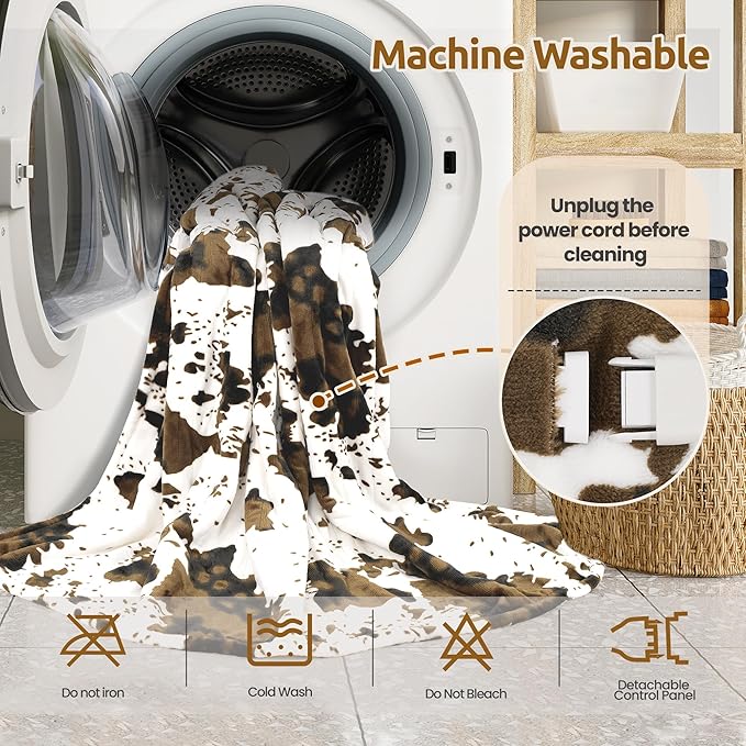 Electric Blanket Twin Size - Reversible Sherpa & Flannel, 62"× 84" Heated Throw Blanket with 6 Heat Settings & 1-12H Timer, Machine Washable, Warm Gift for Women, Brown Cow Print
