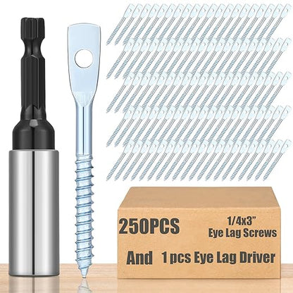 250 Pcs Eye Lag Screws and 1 Pcs Driver Set, 1/4 Inch x 3 Inch Eye Lag Wood Screws Zinc Plated 2-5/8 Inch Quick Install Bit Kit for Use with Attaching Hanger Wire to Ceiling Joists