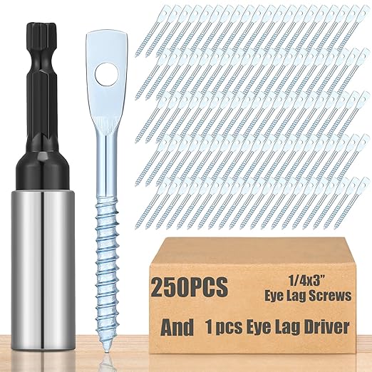 250 Pcs Eye Lag Screws and 1 Pcs Driver Set, 1/4 Inch x 3 Inch Eye Lag Wood Screws Zinc Plated 2-5/8 Inch Quick Install Bit Kit for Use with Attaching Hanger Wire to Ceiling Joists