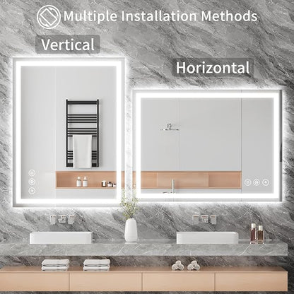 Koonmi 24x36 LED Bathroom Mirror, Backlit + Front Lit, LED Bathroom Mirror with Lights for Wall, 3 Colors, Anti-Fog, Dimmable Brightness, Memory Function, Tempered Glass