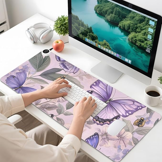 Heated Desk Pad Mouse Pad 31.5x13 Inch PU Leather Desk Mat with 3 Heat Levels Large Mouse Gaming Computer Laptop Mat Floral Purple Butterflies Bees