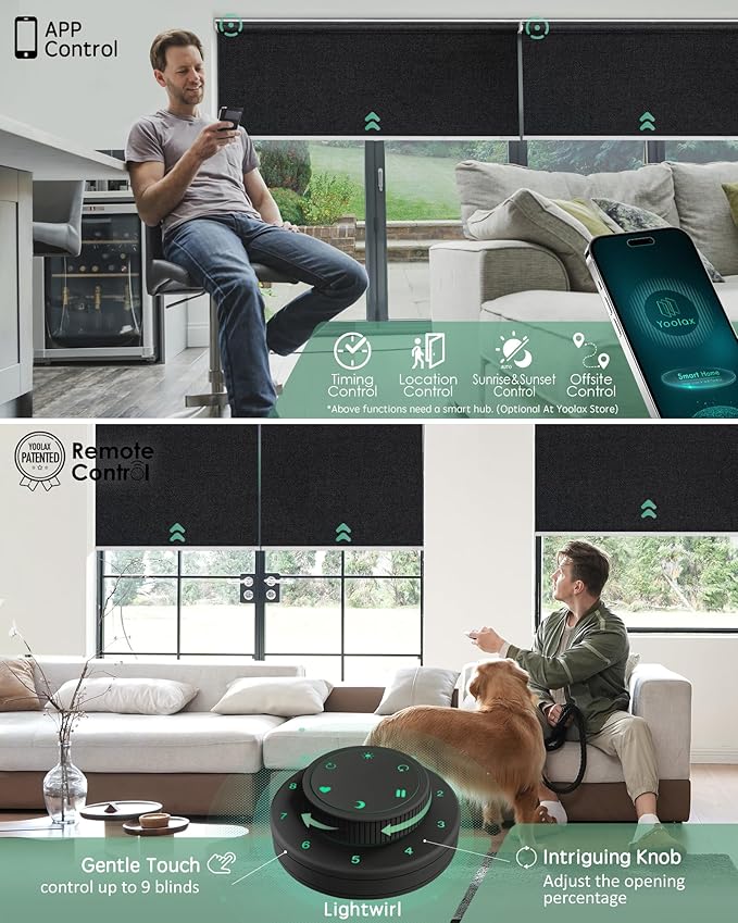 Yoolax Motorized Blinds with Remote, Blackout Smart Blinds for Windows Motorized Roller Shades, Automatic Window Shades Work with Alexa Custom Size (Blackout-Fabric Black)