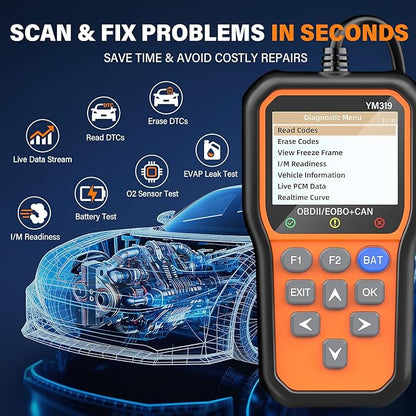 BluSon YM319 OBD2 Scanner Diagnostic Tool with Battery Tester, Check Engine Fault Code Reader with Live Data, Cloud Printing, DTC Lookup, Freeze Frame, Scan Tool for All OBDII Protocol Cars Since 1996