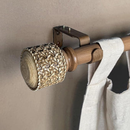 1-1/8 Inch Diameter Faux Wood Curtain Rods with Faux Rattan Cane Woven Finial, 72-144'' Telescoping Single Curtain Rods for window width 68-140 inch, 1 pack