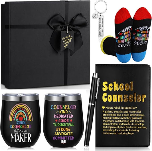 6 Pcs School Counselor Appreciation Gifts for Men Counselor Thank You Gifts 12 oz Stainless Steel Cup Socks Keychain Pen Notebook Box for School Counsellor Guidance Counseling Teacher