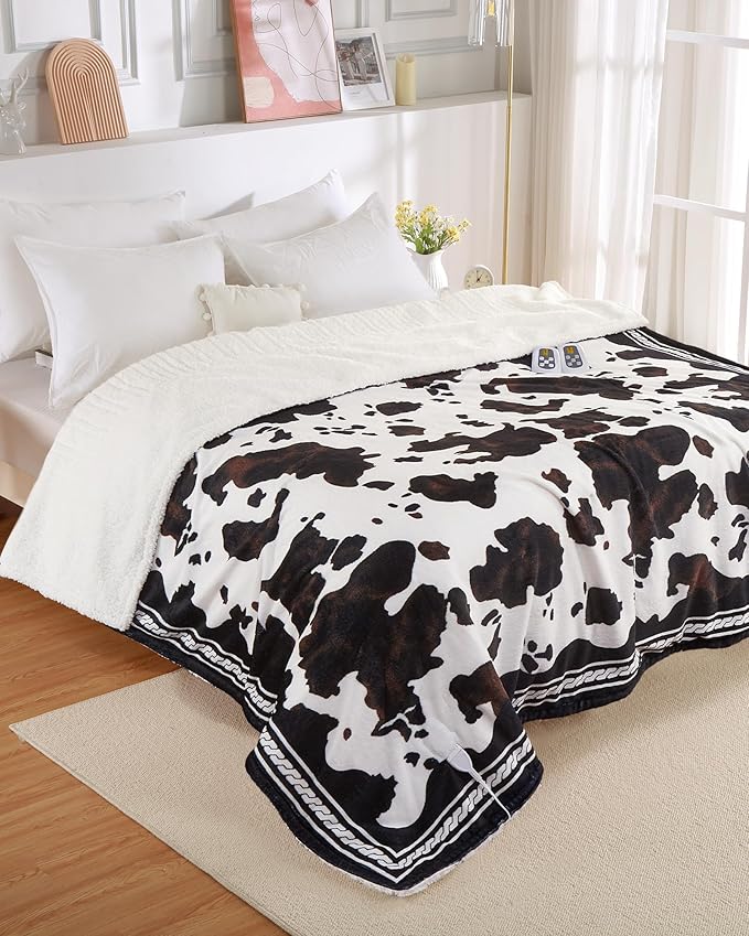 CAROMIO Heated Electric Blanket Queen Size with LCD Dual Controller, Cow Print Heating Blankets, 10 Heat Levels & 1-12H Time Settings, ETL Certified, Machine Washable, Brown Black, 84" x 90"