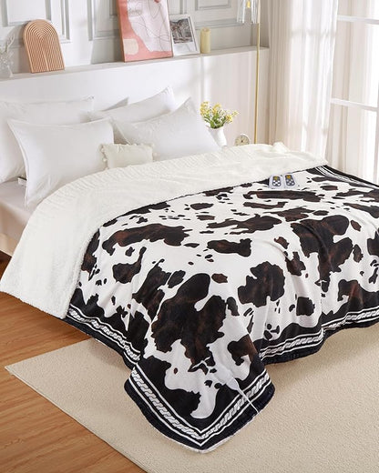 CAROMIO Heated Electric Blanket Queen Size with LCD Dual Controller, Cow Print Heating Blankets, 10 Heat Levels & 1-12H Time Settings, ETL Certified, Machine Washable, Brown Black, 84" x 90"