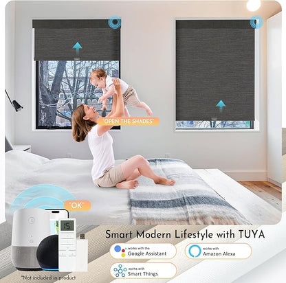 Persilux Smart Motorized Blinds with Remote, No Drill Automatic Roller Shades for Indoor Windows, Blackout Linen Fabric, Electric Blinds for Windows, Weave Blend Coal C162BO-8, Custom Size