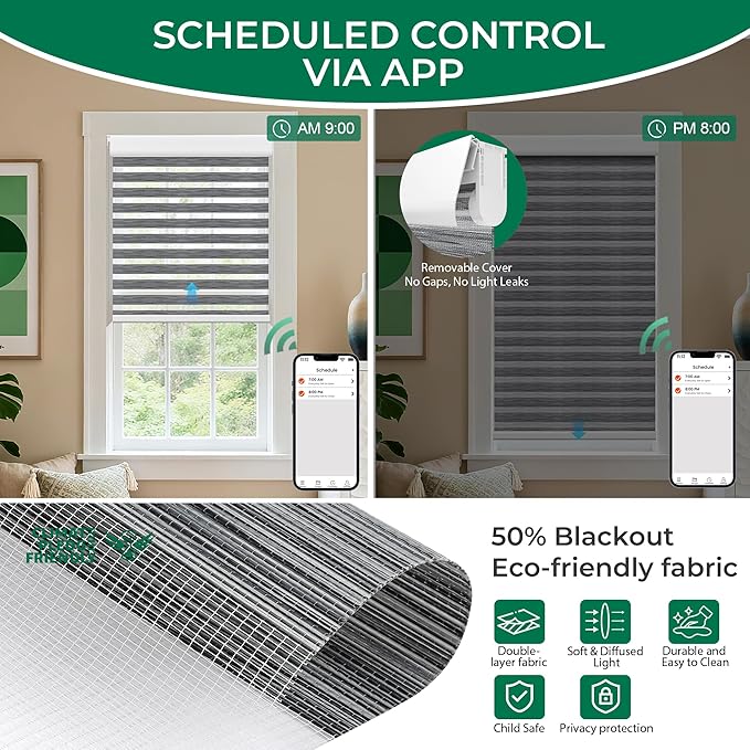 Allesin No Drill Motorized Zebra Blinds – Rechargeable Smart Dual Layer Shades with Cassette Cover, Ultra-Quiet Motor, Automatic Blind with Remote for Indoor Windows (Rock Gray 35.5" W x 72" H)