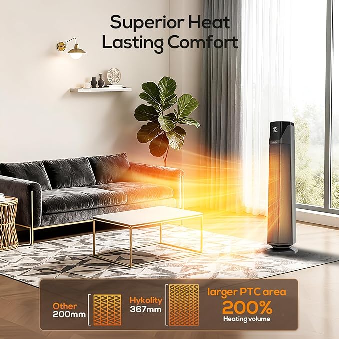 Hykolity Space Heater Large Room, 30" Electric Heaters for Indoor Use with Thermostat and Remote,70° Oscillation, 24H Timer, 1500W Fast Heating Portable Heaters for Office, Bedroom, Home - Black