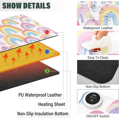 Heated Desk Pad Mouse Pad 31.5x13 Inch PU Leather Desk Mat with 3 Heat Levels Large Mouse Gaming Computer Laptop Mat Gradient Cute Rainbows