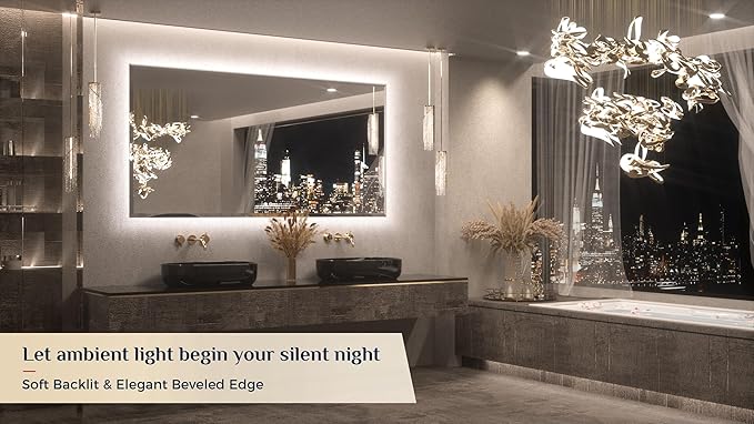 Keonjinn 72 x 36 Inch Large LED Mirror for Bathroom, Backlit Mirror with Beveled Edge, Safe Tempered Glass, Anti-fog, UL-Listed Driver, 3 Color Light, Plug in/Hardwired, Lighted Vanity Mirror for Wall