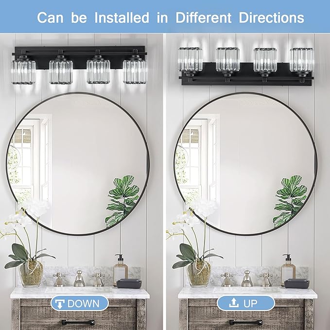 Crystal Bathroom Light Fixtures, 4 Light Black Vanity Lighting Over Mirror with Crystal Shades, Modern Bathroom Vanity Light for Restroom, Bath, Cabinet and Powder Room