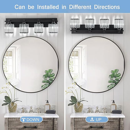 Crystal Bathroom Light Fixtures, 4 Light Black Vanity Lighting Over Mirror with Crystal Shades, Modern Bathroom Vanity Light for Restroom, Bath, Cabinet and Powder Room