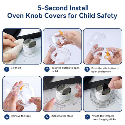 Stove Knob Safety Covers, 5Pcs Fits 90% Oven/Stove 5 Heat Alert Stickers Oven Knob Covers for Child Safety, 2nd Gen Kitchen Burner Childproofing, Gas Stove Knob Locks for Kid Baby Pet (Clear)