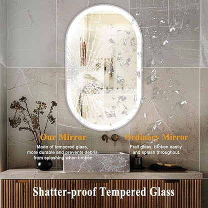 LED Mirror for Bathroom, 24x40 Inch Vanity Mirror with Lights，Anti-Fog Oval Bathroom Mirror, 3 Colors and Stepless Dimmable Wall Mounted Makeup Mirror with Metal Frame (Silver)