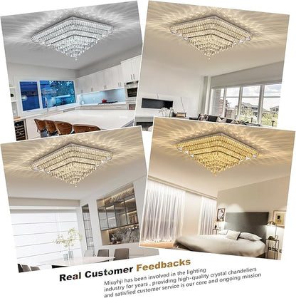 Elegant LED Crystal Raindrop Ceiling Light, 30 Inch Square Flush Mount Chandelier with Remote for Living Room Kitchen Island Bedroom Hallway Entryway Foyer (Dimmable)
