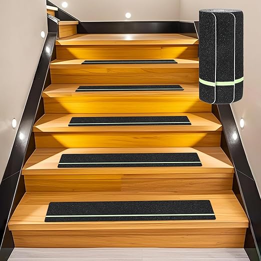 5-Pack Anti Slip Traction Tape 30" x 6" Best Grip Tape Grit with 6mm/0.24" Glow in Dark Stripe High Traction Friction Abrasive Adhesive for Indoor/Outdoor Stairs[Black+Green]