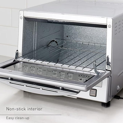 Panasonic FlashXpress Toaster Oven Countertop, 4-Slice Small Toaster Oven Compact Size with Double Infrared Heating, 6 Auto Cook Options and Precise Temperature Control, 1300W - NB-G110P (Silver)