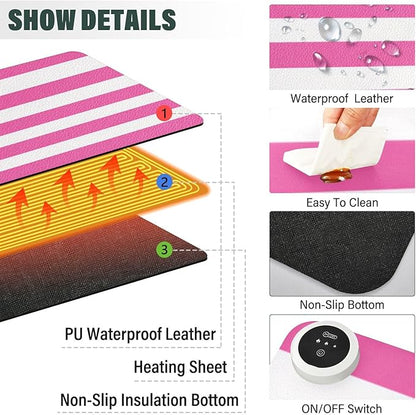 Heated Desk Pad Mouse Pad 31.5x13 Inch PU Leather Desk Mat with 3 Heat Levels Large Mouse Gaming Computer Laptop Mat Hot Pink White Stripes
