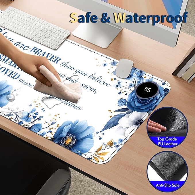 Heated Mouse Pad with 3 Temperature Settings(104°F–122°F),Large 31.5x13 Inch PU Leather Heated Desk Mat,Waterproof Warming Pad for Office,Gaming & Cold Hands Relief,Bule Flower Quotes