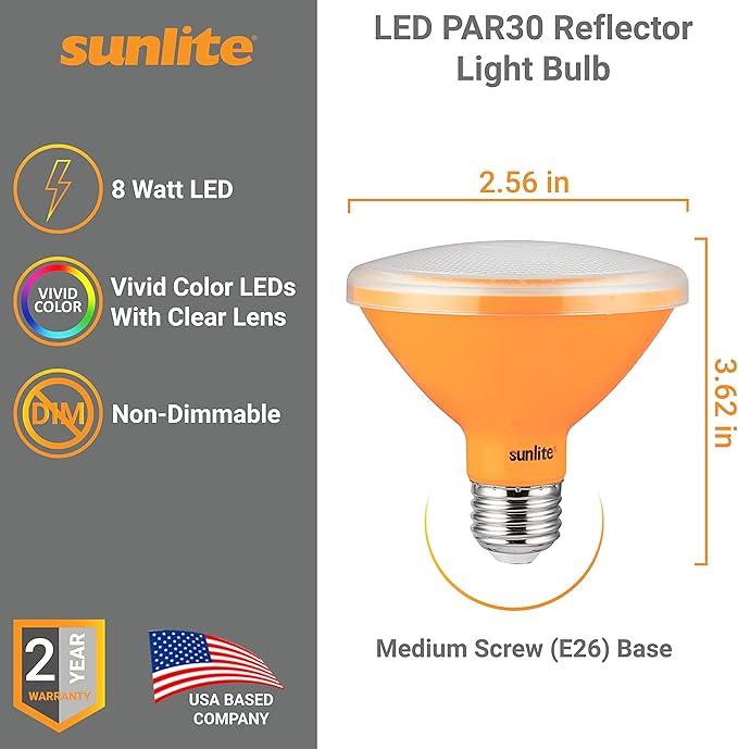 Sunlite 81474 LED PAR30 Short Neck Colored Recessed Light Bulb, 8 Watt (75W Equivalent), Medium (E26) Base, Floodlight, ETL Listed, Amber, 1 Count (Pack of 2)