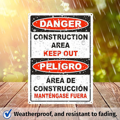 Brimar - 10" x 14" - Bilingual Danger Construction Area Keep Out Sign - .055″ Polyethylene Plastic - Bold Text And Symbol - Easy Installation