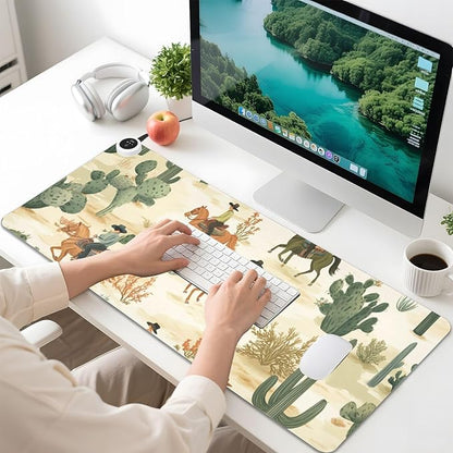 Heated Desk Pad Mouse Pad 31.5x13 Inch PU Leather Desk Mat with 3 Heat Levels Large Mouse Gaming Computer Laptop Mat Cute Cacti Desert Cowboys Horses