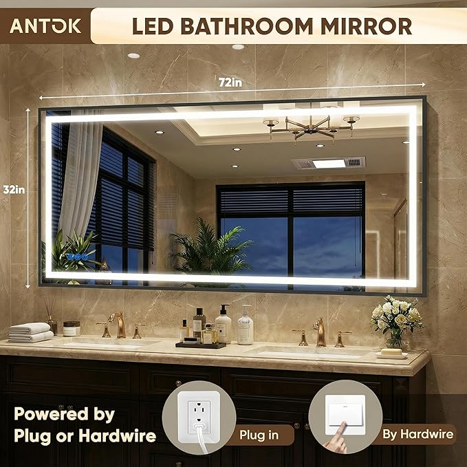 Antok 72X32 LED Bathroom Mirror with Lights, Vanity Mirror for Wall with Black Frame, Touch Control, Anti-Fog, Dimmable Lights, Shatter-Proof, Memory Function, Wall-Mounted Vanity Mirrors