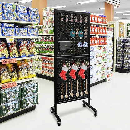 Royxen 2 x 5.5 Feet Pegboard with 30 Hooks, Pegboard Display with Wheels, Standing Pegboard Display, Metal (Black)