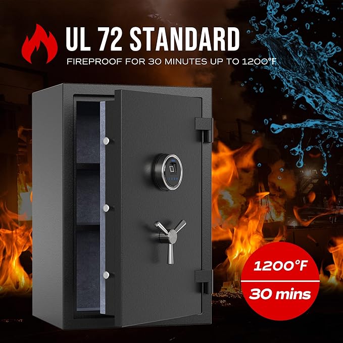 RPNB Biometric Fingerprint Fireproof Safe Box,Digital Fire Proof Safe with 3 Spoke Handle,Touch Screen and Removable Shelf,Fireproof Home Safes for Money Documents Jewelry and More,2.12 Cubic Feet