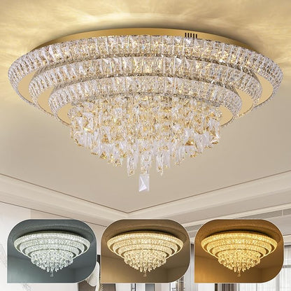 30 inch Flush Mount Crystal Chandeliers with Remote and APP Gold, Modern Elegant LED Crystal Raindrop Ceiling Light Fixture, 3CCT Dimmable, for Living Room Kitchen Island Bedroom Entryway Foyer