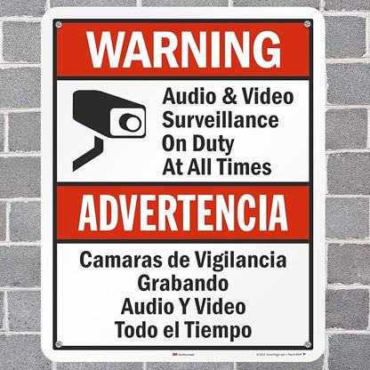 SmartSign 30 x 24 inch “Warning - Audio & Video Surveillance On Duty At All Times” Bilingual Sign, 80 mil Aluminum, 3M Laminated Engineer Grade Reflective Material, Red, Black and White, USA-Made
