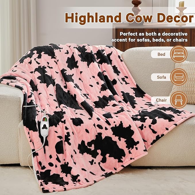 Cow Print Heated Electric Blanket Twin Size,62X84 Light Pink Heating Blanket with 10 Heats Levels & 8 Hours Auto Off,Highland Cow Fleece Sherpa Blankets Warmer Gifts for Women Adults,Washable