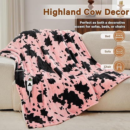 Cow Print Heated Electric Blanket Twin Size,62X84 Light Pink Heating Blanket with 10 Heats Levels & 8 Hours Auto Off,Highland Cow Fleece Sherpa Blankets Warmer Gifts for Women Adults,Washable