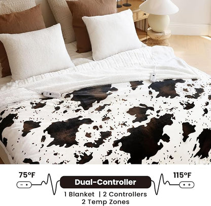 Cow Print Electric Heated Blanket Queen-Dual Control Heating Blanket Queen Size with 10 Heat Levels & 10 Hours Auto-Off, Cozy Soft Fleece Sherpa, Washable, 84x90 Inches Cow Print White