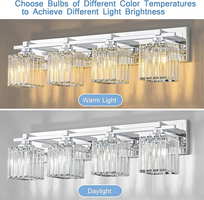 Crystal Bathroom Light Fixtures, 4 Light Chrome Vanity Lighting Over Mirror with Crystal Shades, Modern Bathroom Vanity Light for Restroom, Bath, Cabinet and Powder Room