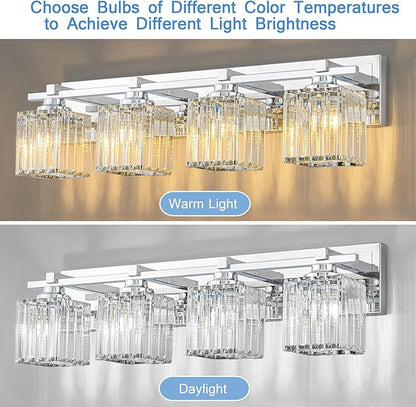 Crystal Bathroom Light Fixtures, 4 Light Chrome Vanity Lighting Over Mirror with Crystal Shades, Modern Bathroom Vanity Light for Restroom, Bath, Cabinet and Powder Room