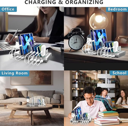 Unitek Multi iPad Charging Station - 10 Port USB Charging Station for Multiple Devices, Fast Charging Dock Cell Phone Organizer for iPhone, iPad, Android, Tablets - Silver