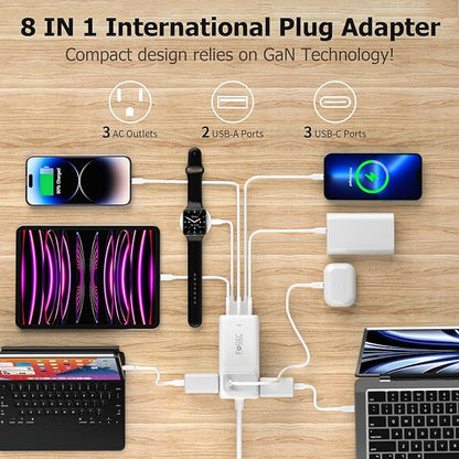 European Travel Plug Adapter, FOVAL US to UK Europe Power Strip 75W USB C Charger with 5 USB Ports, 3 AC Outlets, 5ft Extension Cord, for Spain, France, Ireland, Travel Home Cruise Ship