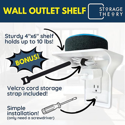 BeraTek Power Perch Wall Outlet Shelf with Cord Storage Strap - Declutter & Reclaim Counter Space - Top Uses: Charging Shelf, Echo Dot Stand, Apple HomePod Mini Wall Mount - White, 2-Pack