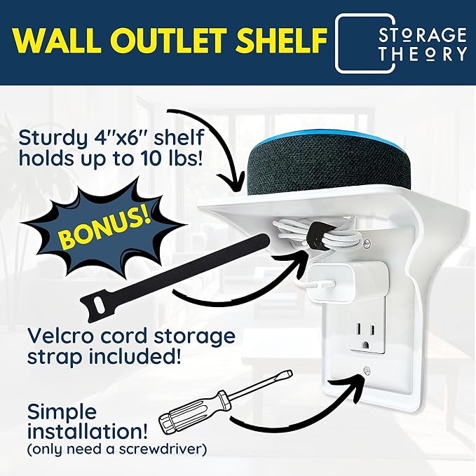 BeraTek Power Perch Wall Outlet Shelf with Cord Storage Strap - Declutter & Reclaim Counter Space - Top Uses: Charging Shelf, Echo Dot Stand, Apple HomePod Mini Wall Mount - White, 1-Pack