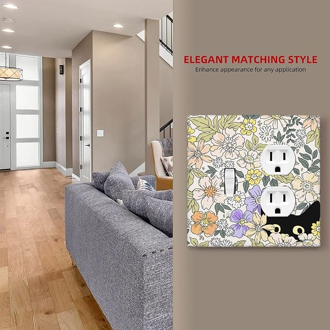 Decorative Outlet Covers Cute Black Cat in a Flower Patch Botanical Garden 2 Gang Wall Plate Single Toggle Duplex Combo Light Switch Covers Switch Plate Cover for Bedroom Home Decor