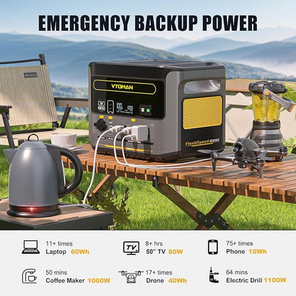VTOMAN FlashSpeed 1000 Portable Power Station with 110W Solar Panel - 828Wh/1000W(2000W Peak) Solar Generator with LiFePO4 Battery, 100W USB-C, 60 Min Fast Charging 0-80% for Camping, Backup, RV