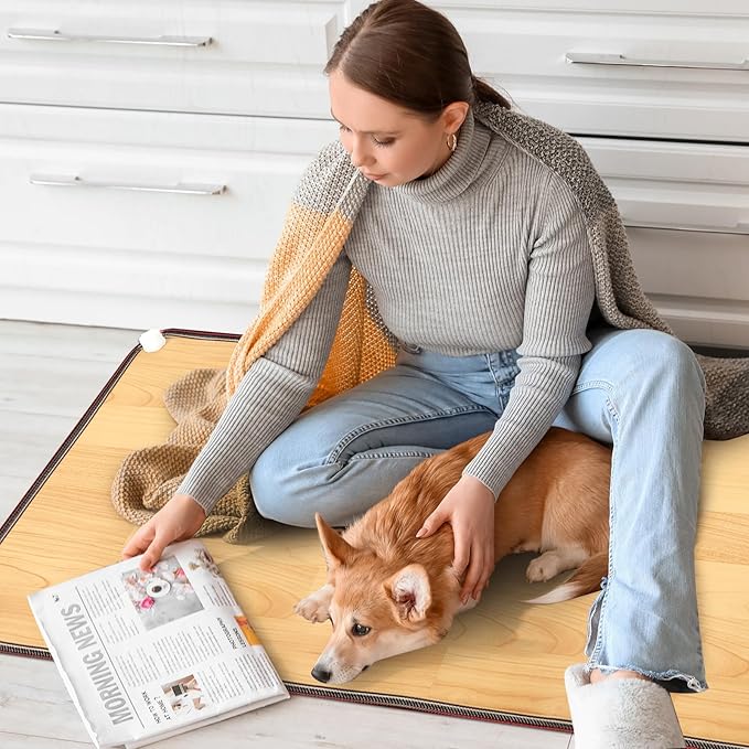 PVC 110V Heated Floor Mat Heater for Foot Warmer Under Desk 48 x 20 Inch Carbon Crystal Wood Stripe Electric Heating Carpet Pad Energy Saving Indoor Heated Rug for Home Office House Brown