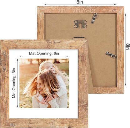 iRahmen 8x8 Picture Frame Set of 4 with HD Glass, Display 6x6 Pictures with Mat or 8 x 8 Without Mat, Square Wood Photo Frame for Wall Mount and Tabletop Display