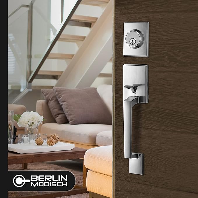 Berlin Modisch Single Cylinder HandleSet with Lever Door Handle (for Entrance and Front Door) Reversible for Right and Left Handed and a Single Cylinder deadbolt Handle Set Satin Nickel Finish