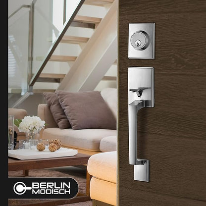 Berlin Modisch Single Cylinder HandleSet with Lever Door Handle (for Entrance and Front Door) Reversible for Right and Left Handed and a Single Cylinder deadbolt Handle Set Satin Nickel Finish